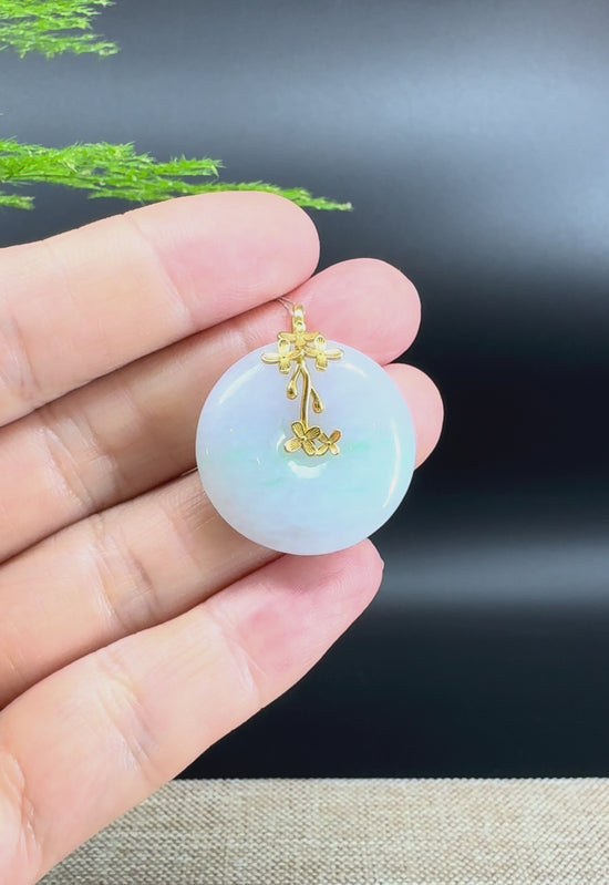 Load and play video in Gallery viewer, &amp;quot;Good Luck Button&amp;quot; Ice Green Jadeite Jade Lucky KouKou Pendant With 18K Yellow Gold Bail
