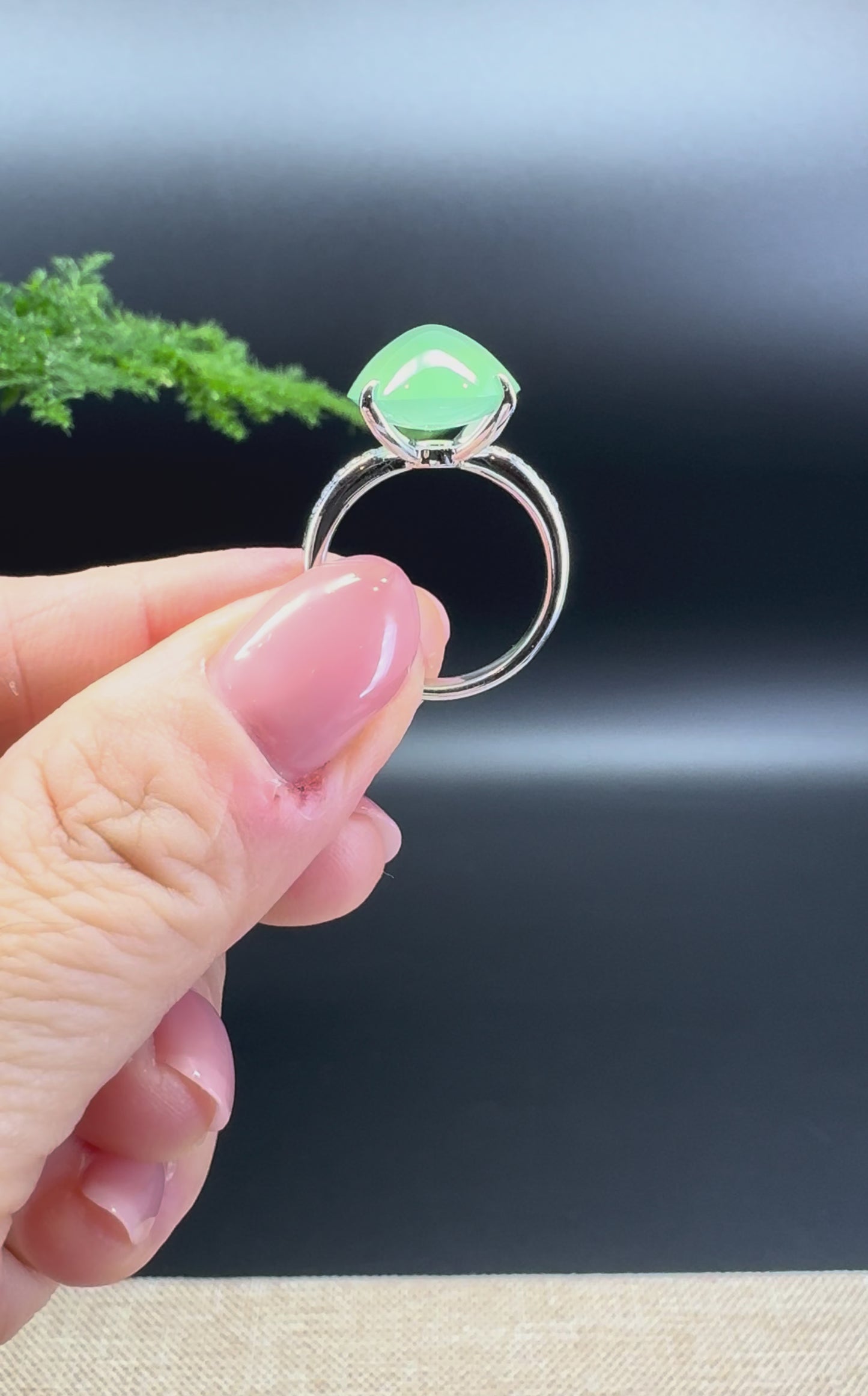 RealJade® Co. 18k White Gold Natural Icy Green Oval Jadeite Jade Engagement Ring With Diamonds