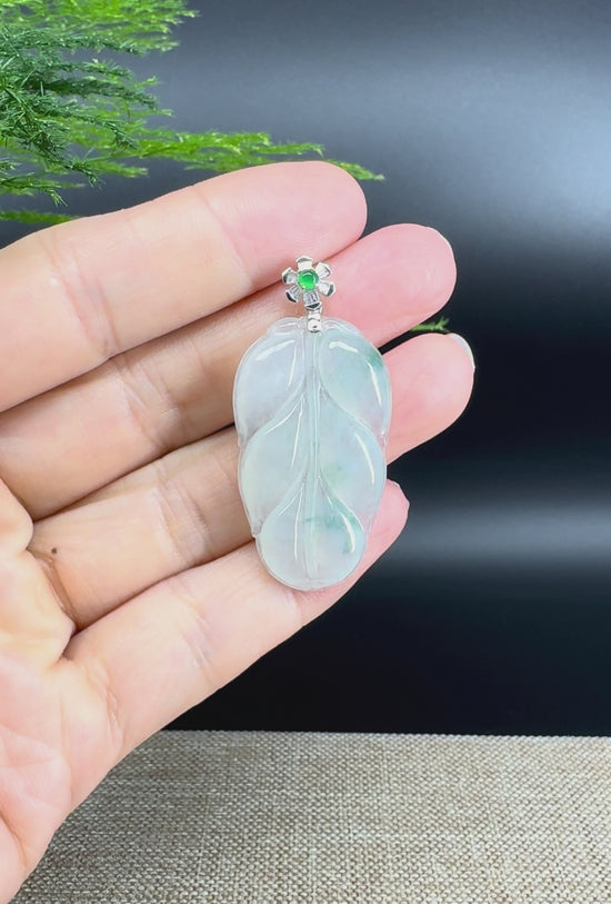Load and play video in Gallery viewer, RealJade® Co. Genuine Ice Green Jadeite Jade Jin Zhi Yu Ye (Leaf) Necklace With 18K White Gold Bail
