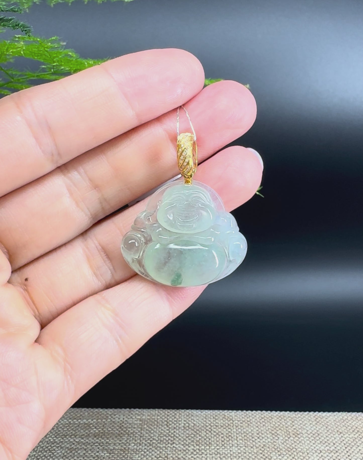 Load and play video in Gallery viewer, 18K Yellow Gold Burmese Icy Green Jadeite Jade Happy Buddha Pendant
