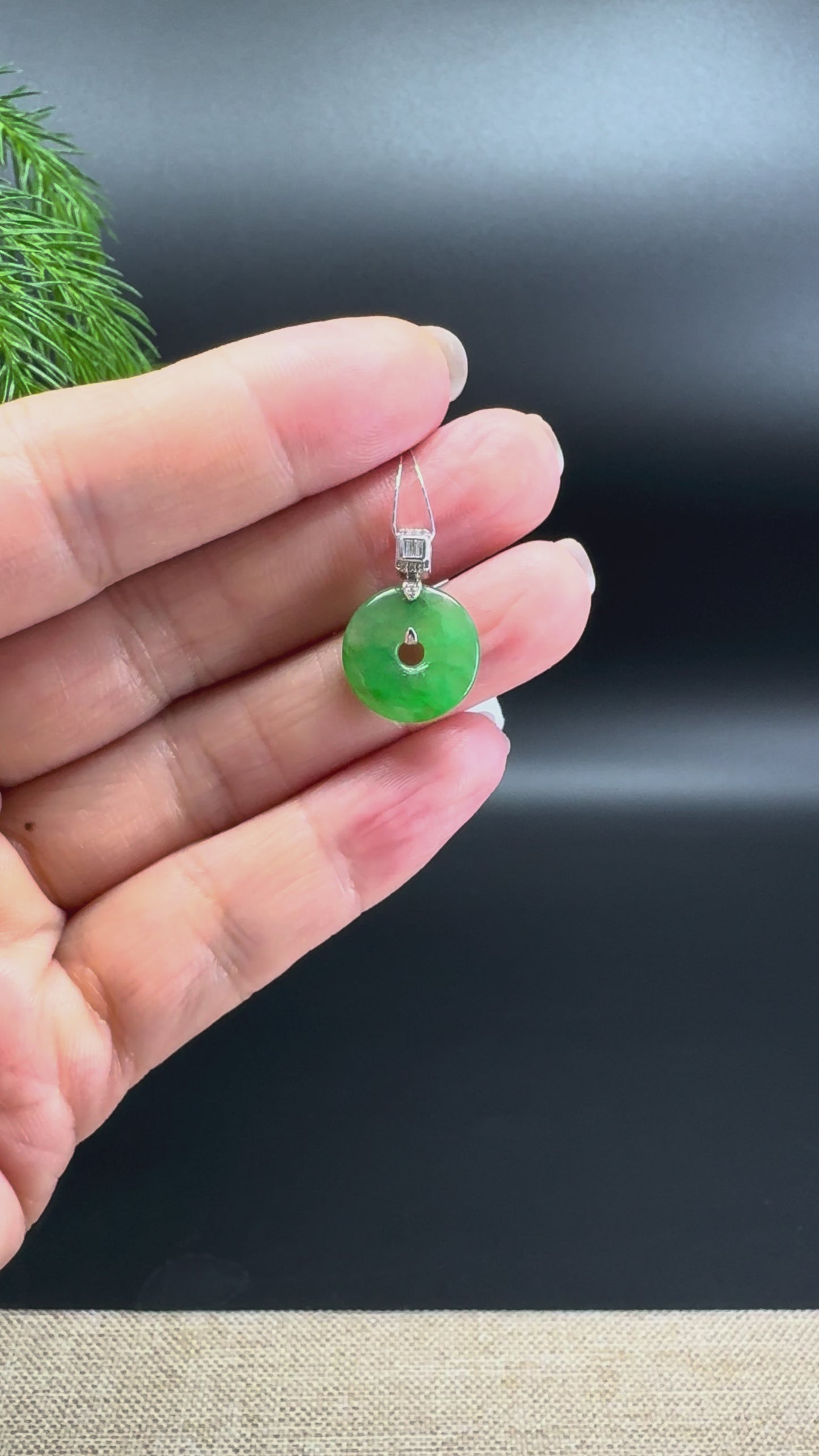 "Good Luck Button" Vibrant Green Jadeite Jade Mini Lucky KouKou Pendant With 18K White Gold Bail