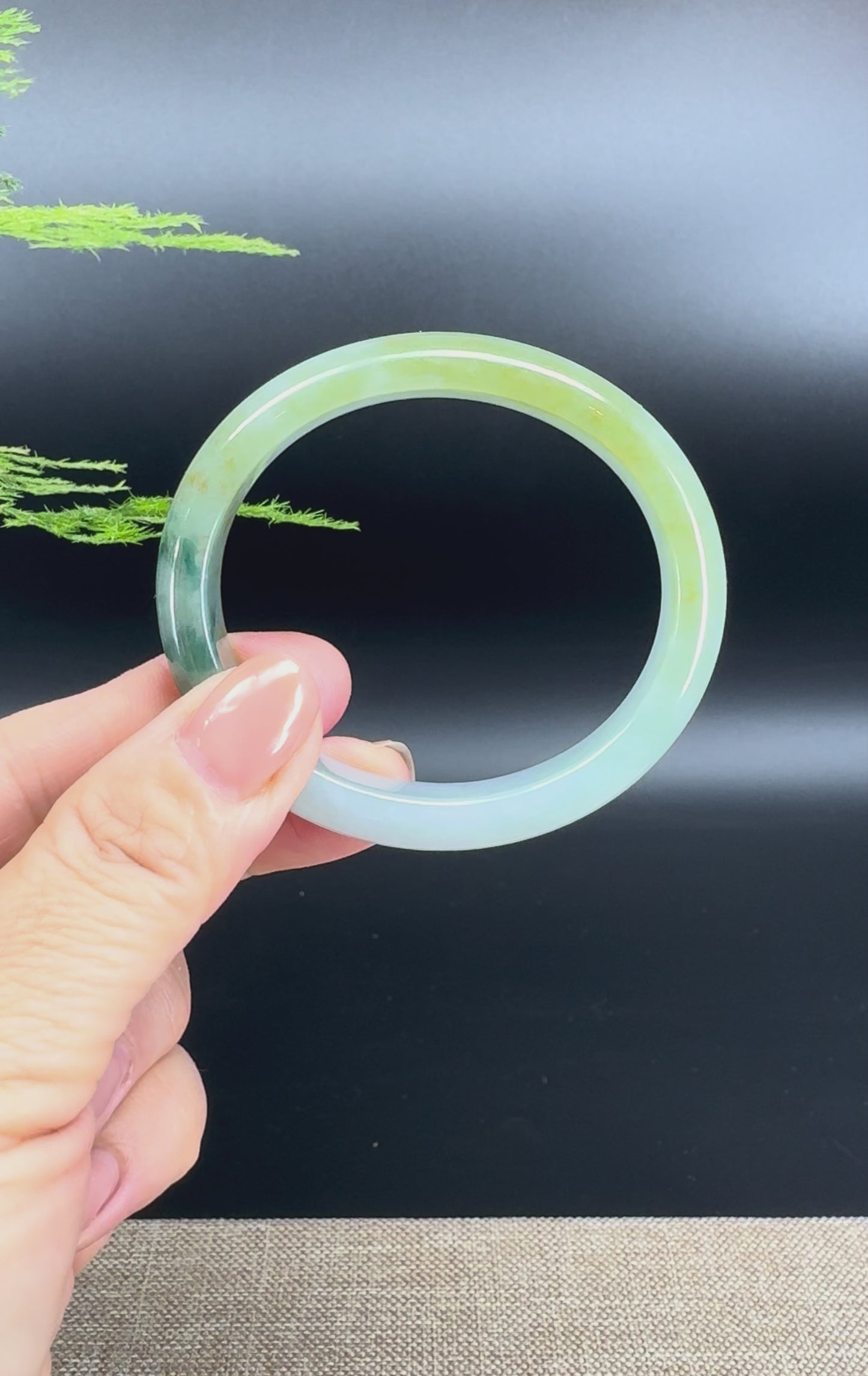 Load and play video in Gallery viewer, Genuine Burmese Blue Flower Green Jade Jadeite Bangle Bracelet ( 53.9mm*47.3)
