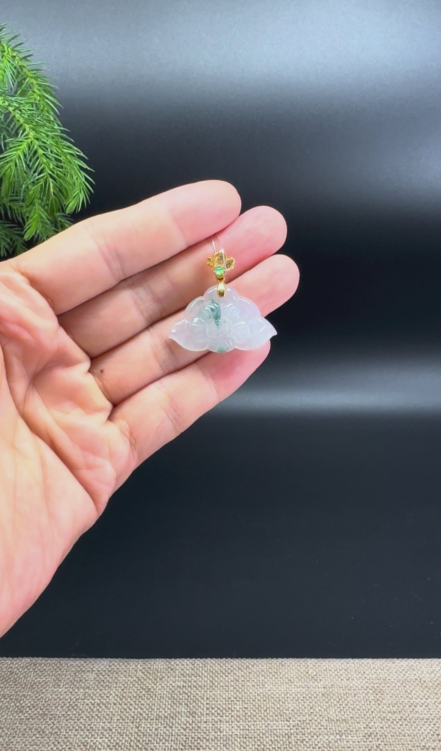 Natural 18K Yellow Gold Burmese Icy Blue-Flower Jadeite Jade Lotus Flower Pendant