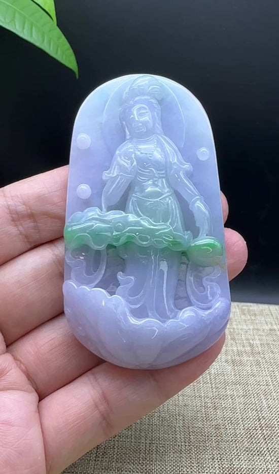 Load and play video in Gallery viewer, &amp;quot;Goddess of Compassion&amp;quot; Genuine Burmese Jadeite Jade Guanyin Necklace With Good Luck Design
