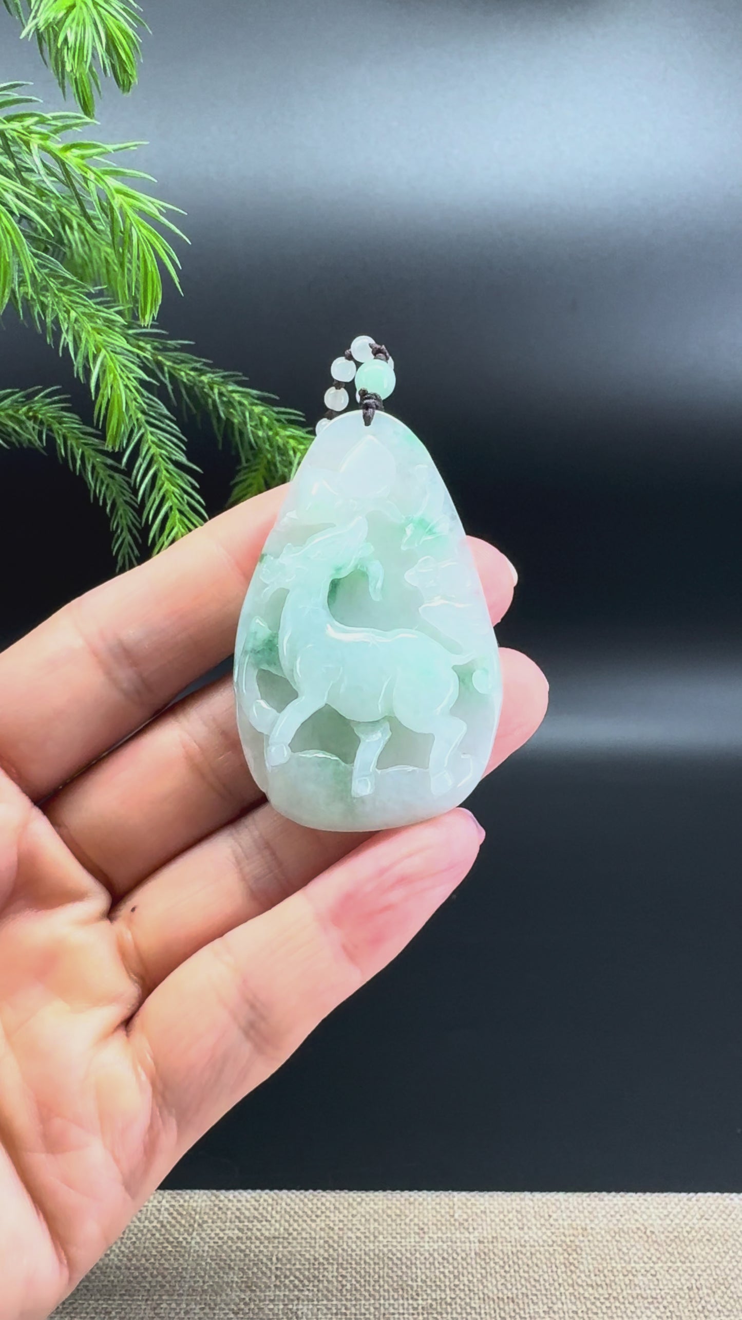 Load and play video in Gallery viewer, RealJade® Co.Natural Green Flowers Jadeite Jade Sika Deer Pendant

