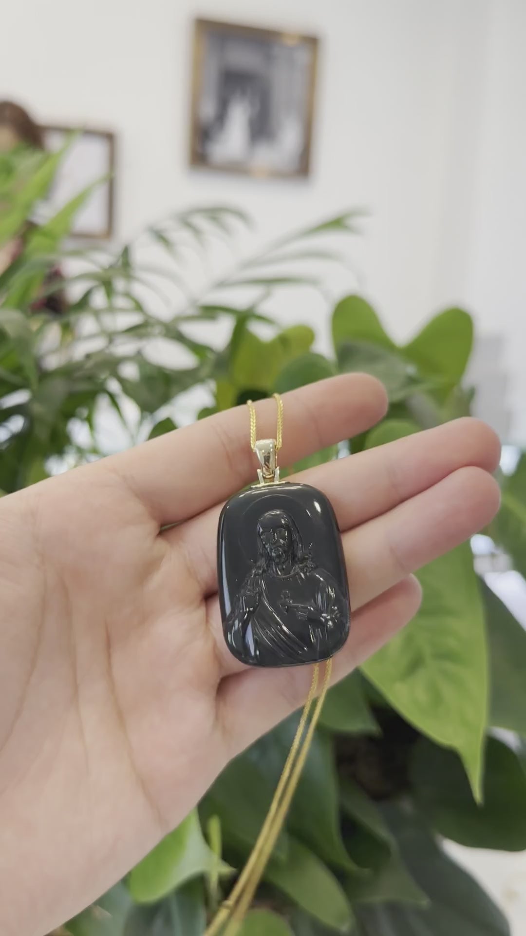 Load and play video in Gallery viewer, RealJade® Co. 14K Yellow Gold Genuine Nephrite Black Jade Jesus Pendant Necklace
