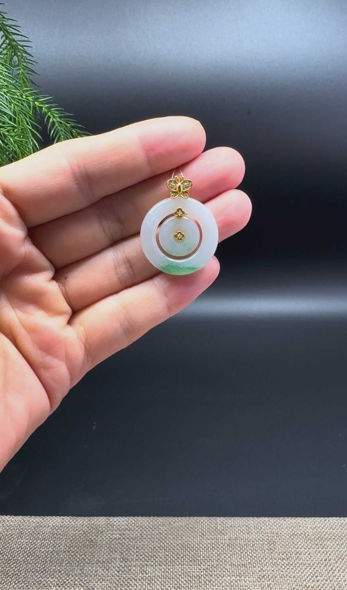 "Good Luck Button" W/G(BDQ) Jadeite Jade Lucky KouKou Pendant With 18K Yellow Gold Diamonds Bail