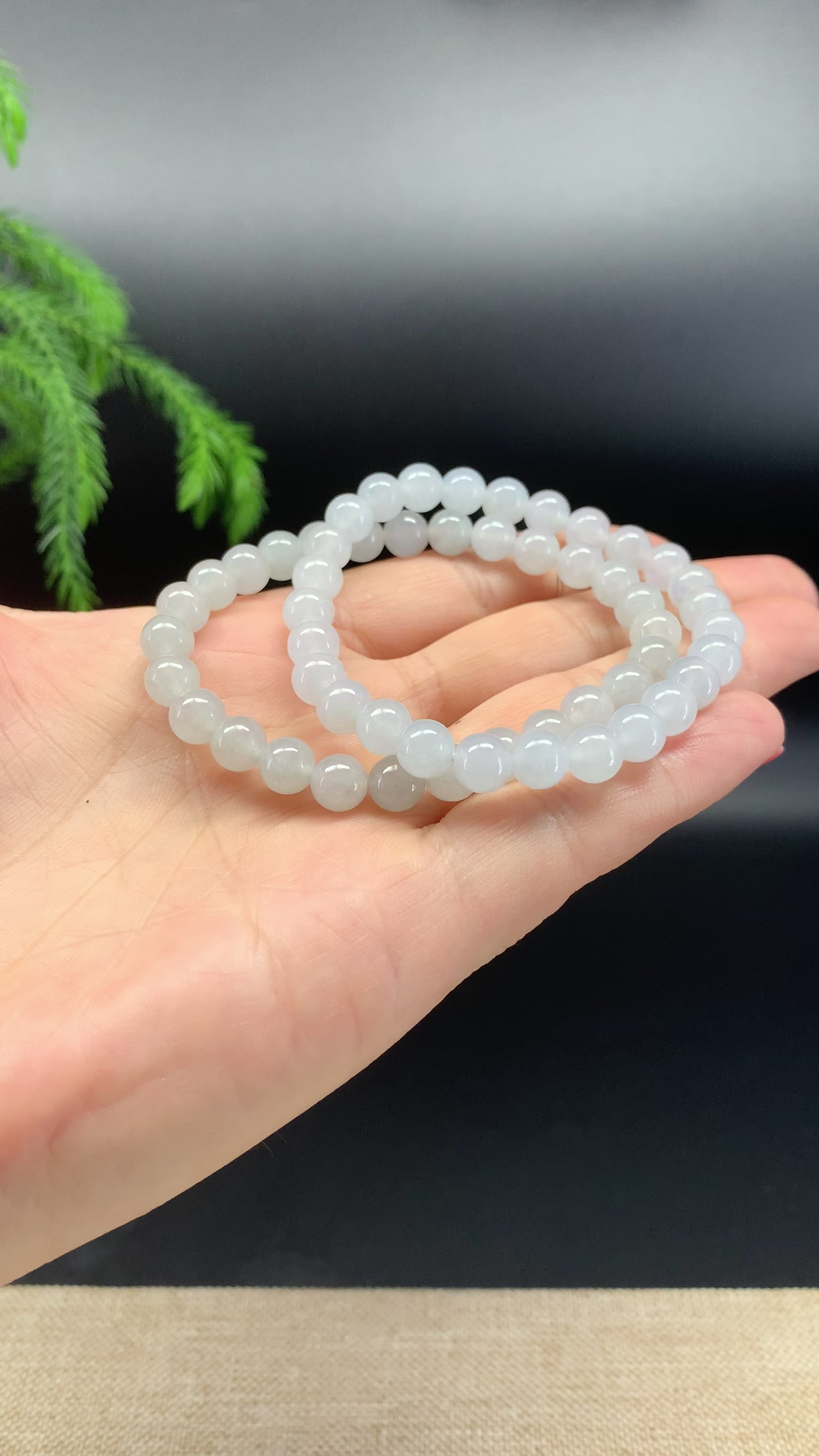Natural Jadeite Jade Icy White & Green Round Beads Bracelet ( 6.5mm )