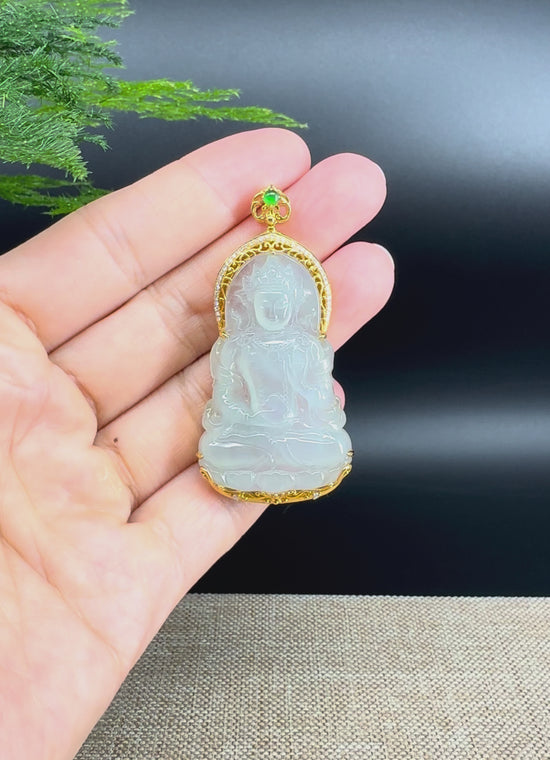 Load and play video in Gallery viewer, RealJade® 18K Yellow Gold Genuine Luxury Icy Jadeite Jade Guanyin Pendant Necklace With Diamonds
