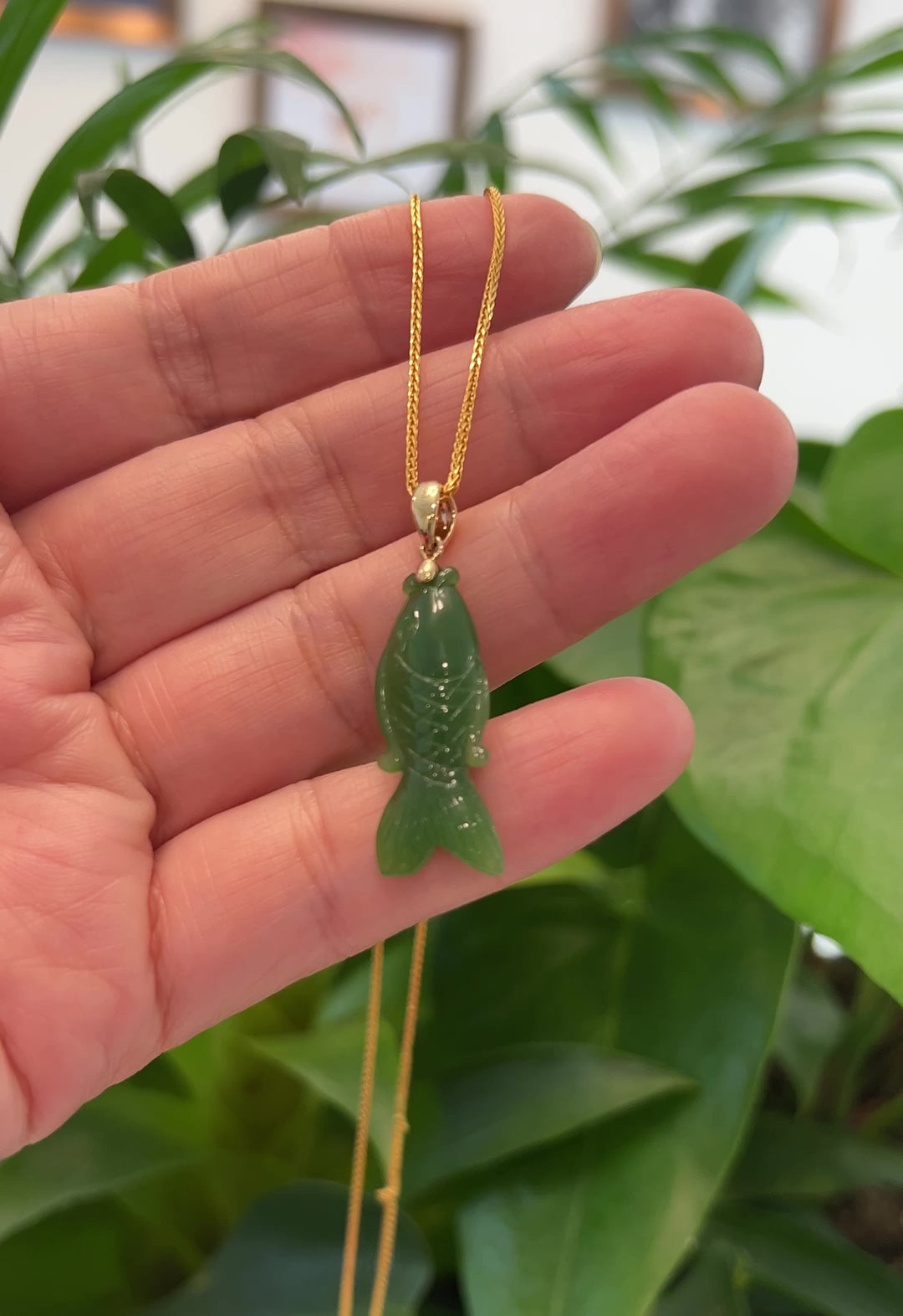 Load and play video in Gallery viewer, RealJade® Co. : &amp;quot; Gold Fish &amp;quot; 14k Yellow Gold Genuine Nephrite Green Jade Pendant Necklace
