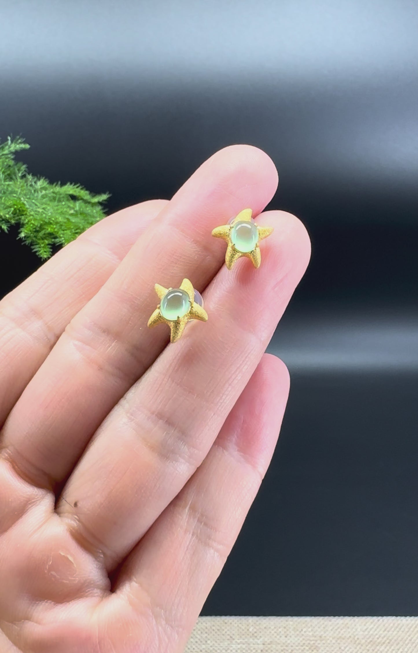 Load and play video in Gallery viewer, RealJade® 18k Yellow Gold  Icy Green Jadeite Jade &amp;#39;Starfish&amp;#39; Earrings
