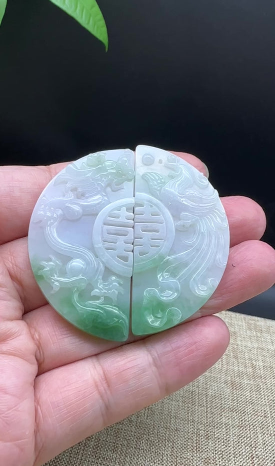 Load and play video in Gallery viewer, RealJade® Co. Genuine Jadeite Jade Dragon &amp;amp; Phoenix Pendant Necklace
