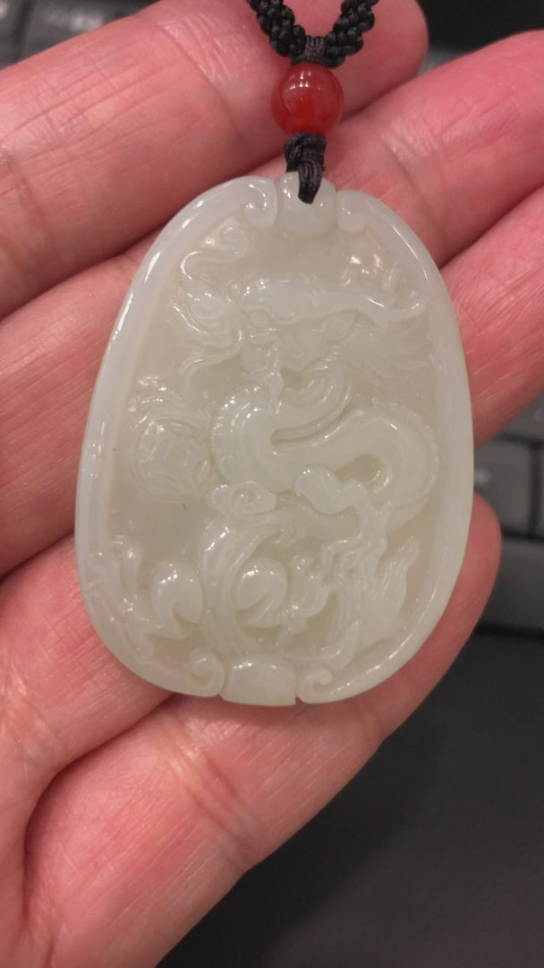 Load and play video in Gallery viewer, RealJade® Genuine HeTian White Nephrite Jade Dragon Pendant Necklace
