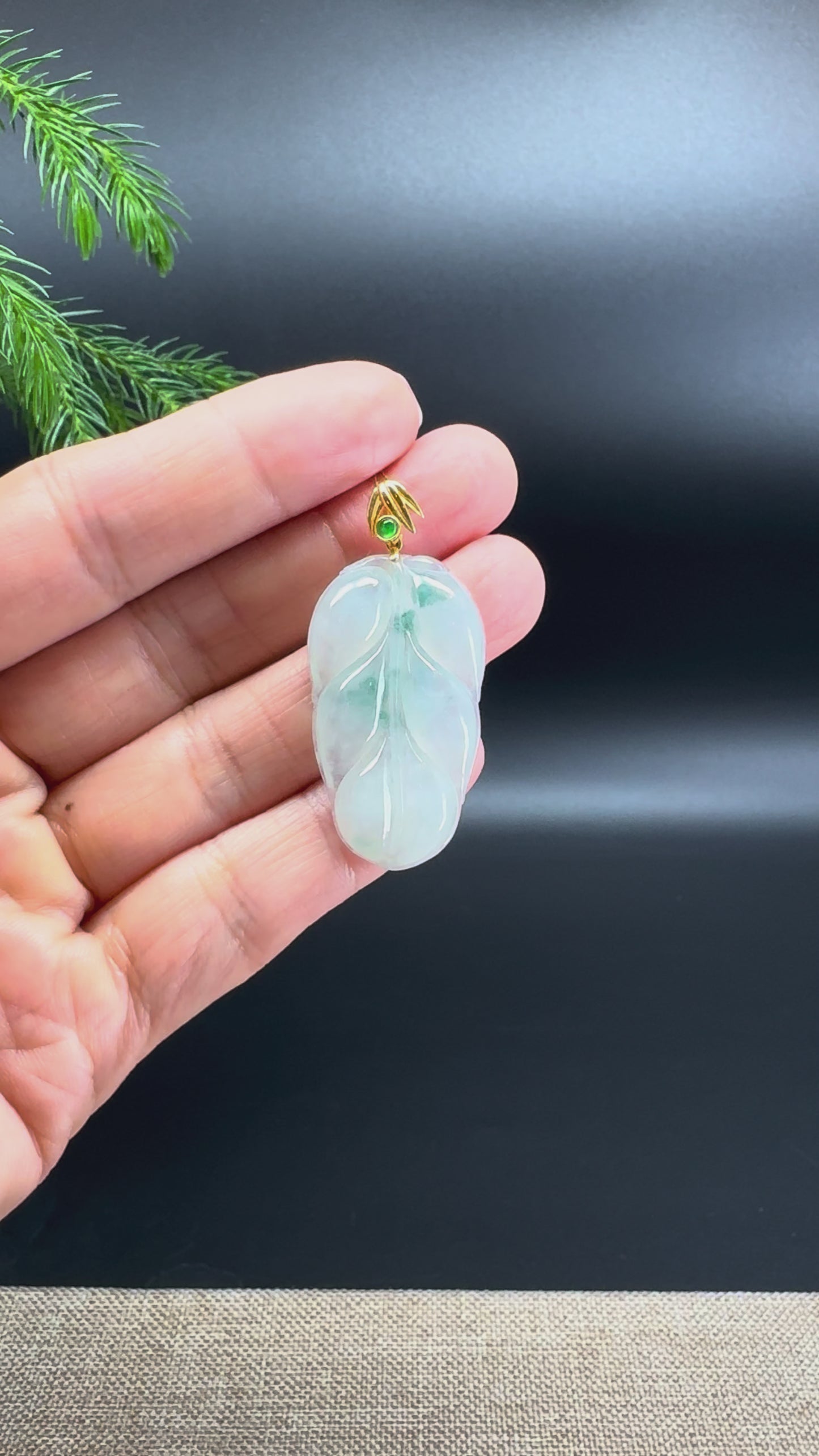 RealJade® Co. Genuine Light Green Jadeite Jade Jin Zhi Yu Ye (Leaf) Necklace With 18K Yellow Gold Bail