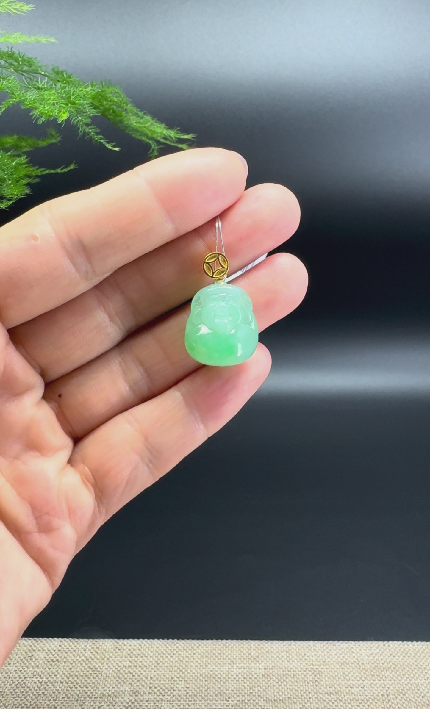 RealJade.Co 18K Yellow Gold Burmese Sweet Green Jadeite Jade Money Saint Pendant