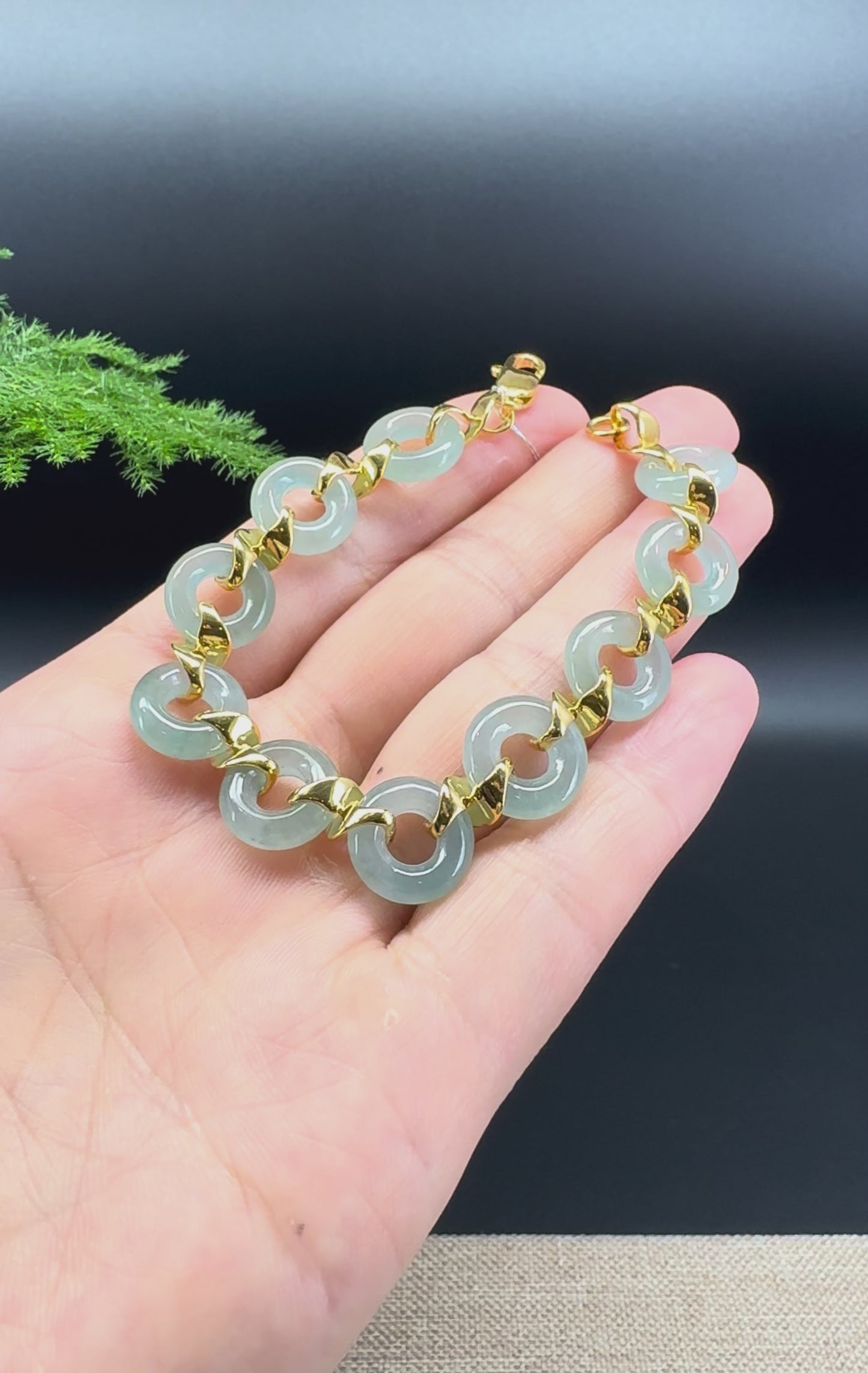 Load and play video in Gallery viewer, 18K Yellow Gold Icy Blue Jadeite Jade Koukou Bracelet
