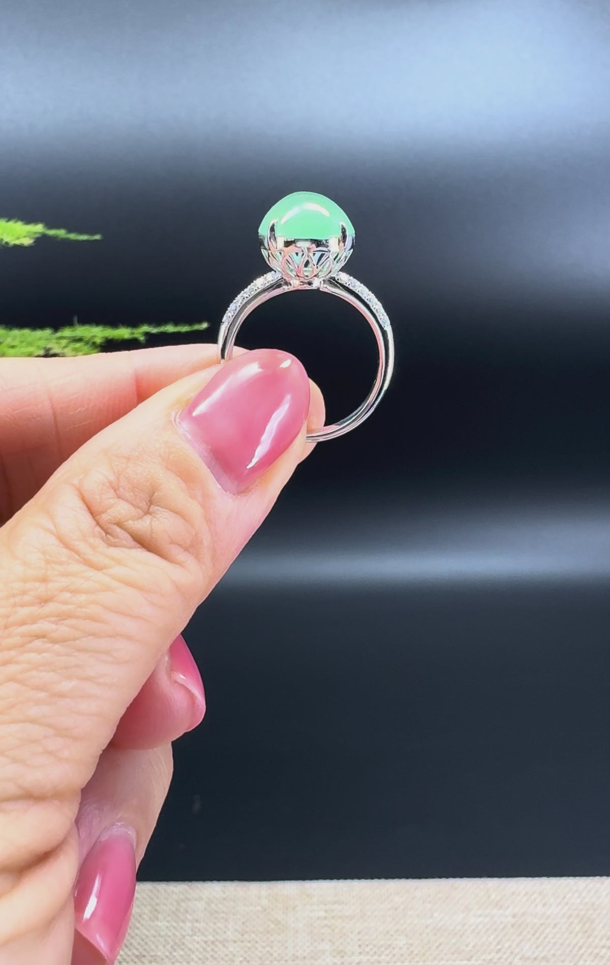 RealJade® Co. 18k White Gold Natural Icy Green Jadeite Jade Engagement Ring With Diamonds