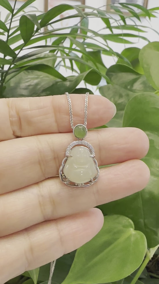 Load and play video in Gallery viewer, RealJade® &amp;quot;Laughing Buddha&amp;quot; Genuine Nephrite White Jade Buddha Pendant Necklace

