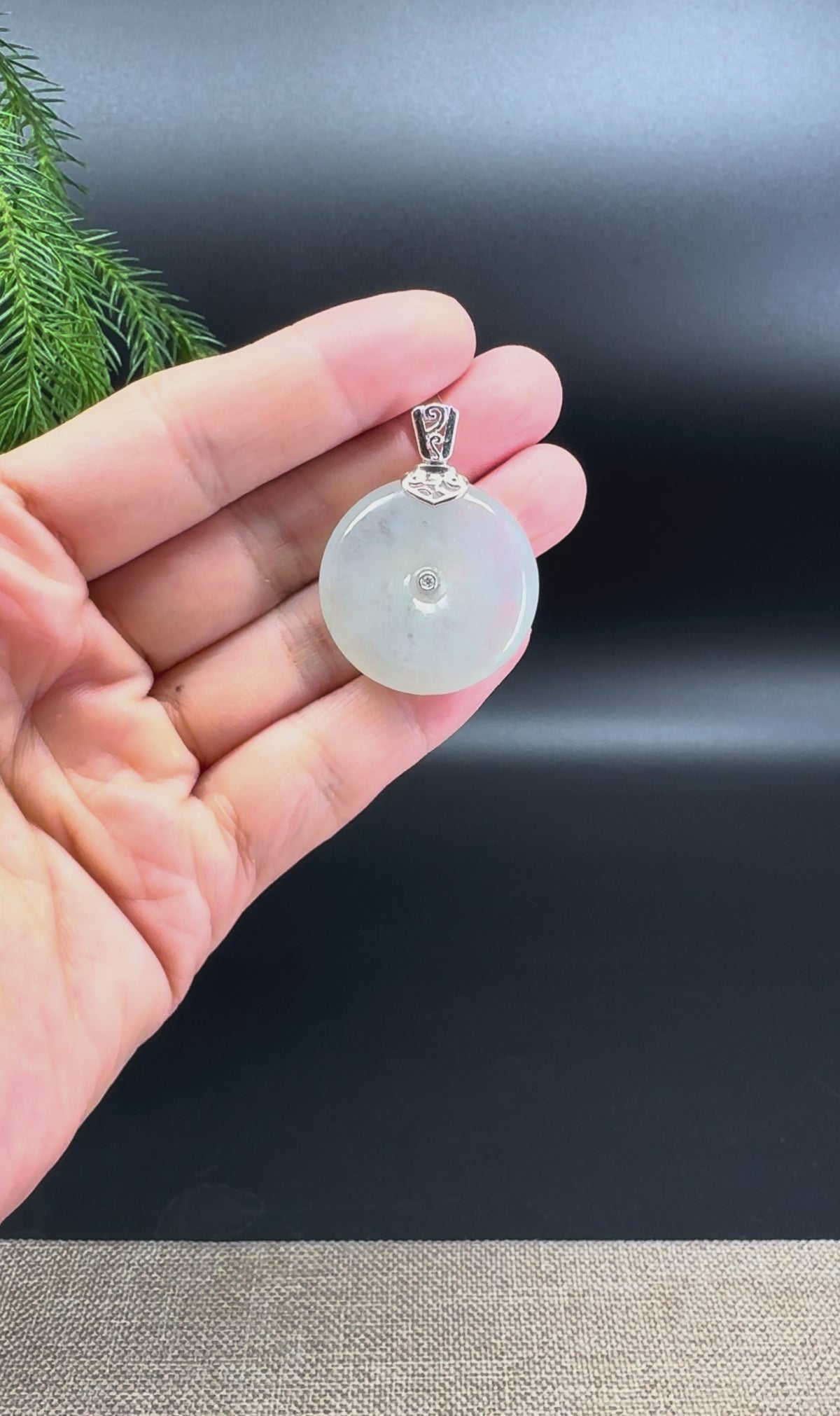 "Good Luck Button" Icy Green Jadeite Jade Lucky KouKou Pendant With 18K White Gold Bail