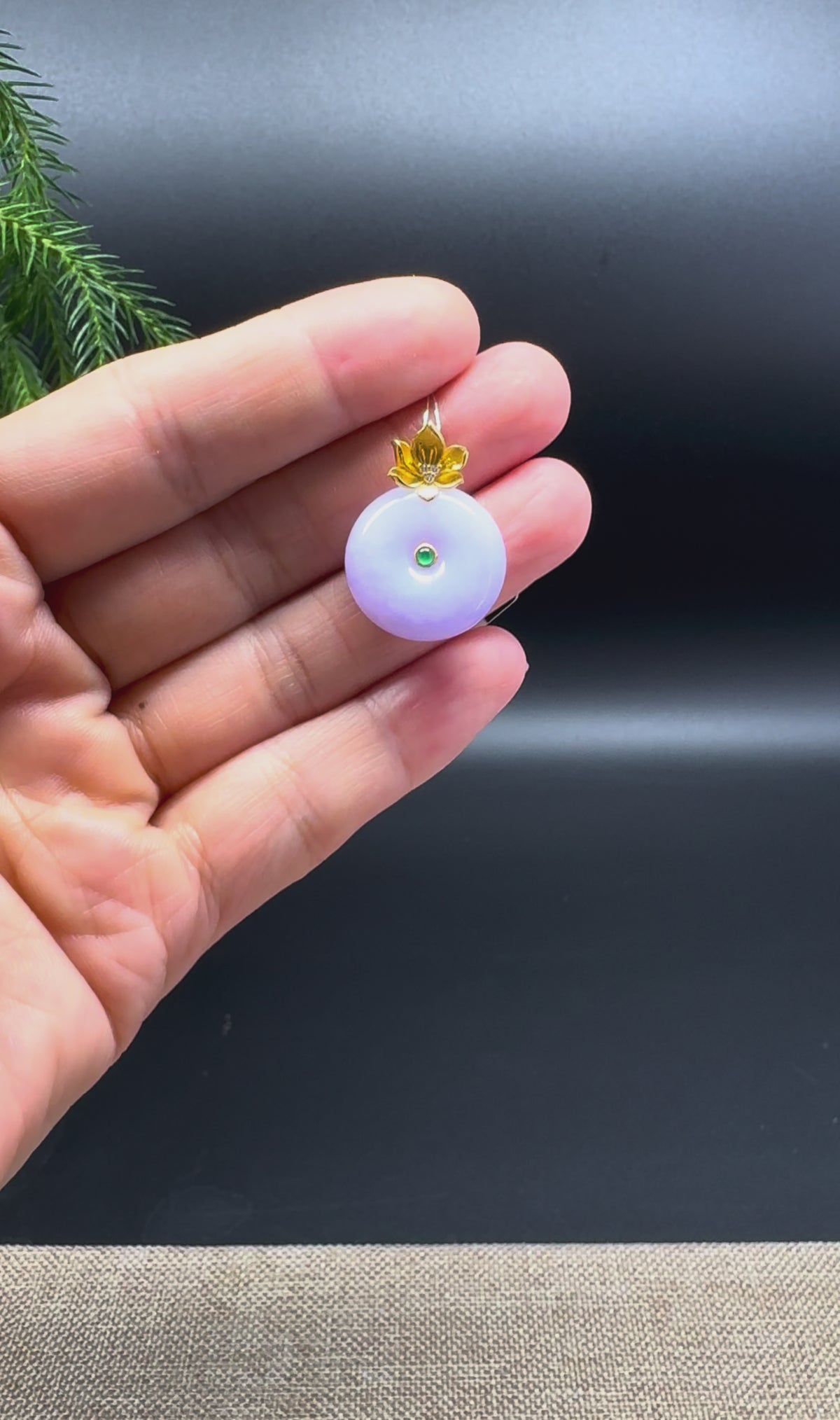 "Good Luck Button" Lavender Jadeite Jade Lucky KouKou Pendant With 18K Yellow Gold Diamonds Bail