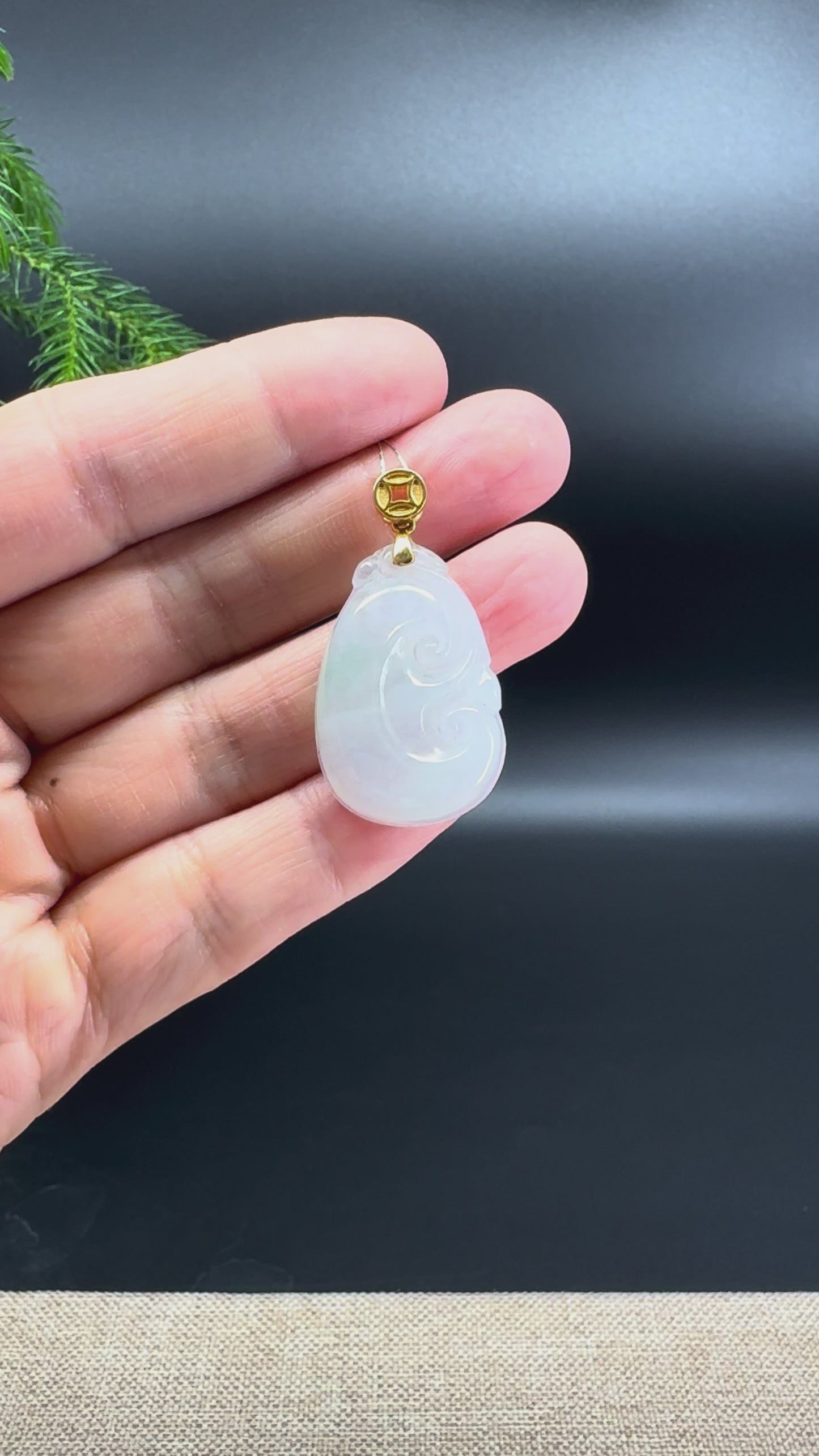 RealJade® Co. Genuine Burmese Icy Moonlight Jadeite Jade RuYi Pendant with 18k Yellow Gold Bail