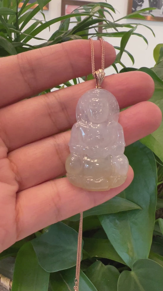 Load and play video in Gallery viewer, &amp;quot;Goddess of Compassion&amp;quot; 14k Yellow Gold Genuine Burmese Jadeite Jade Guanyin Necklace W/ Good Luck Design
