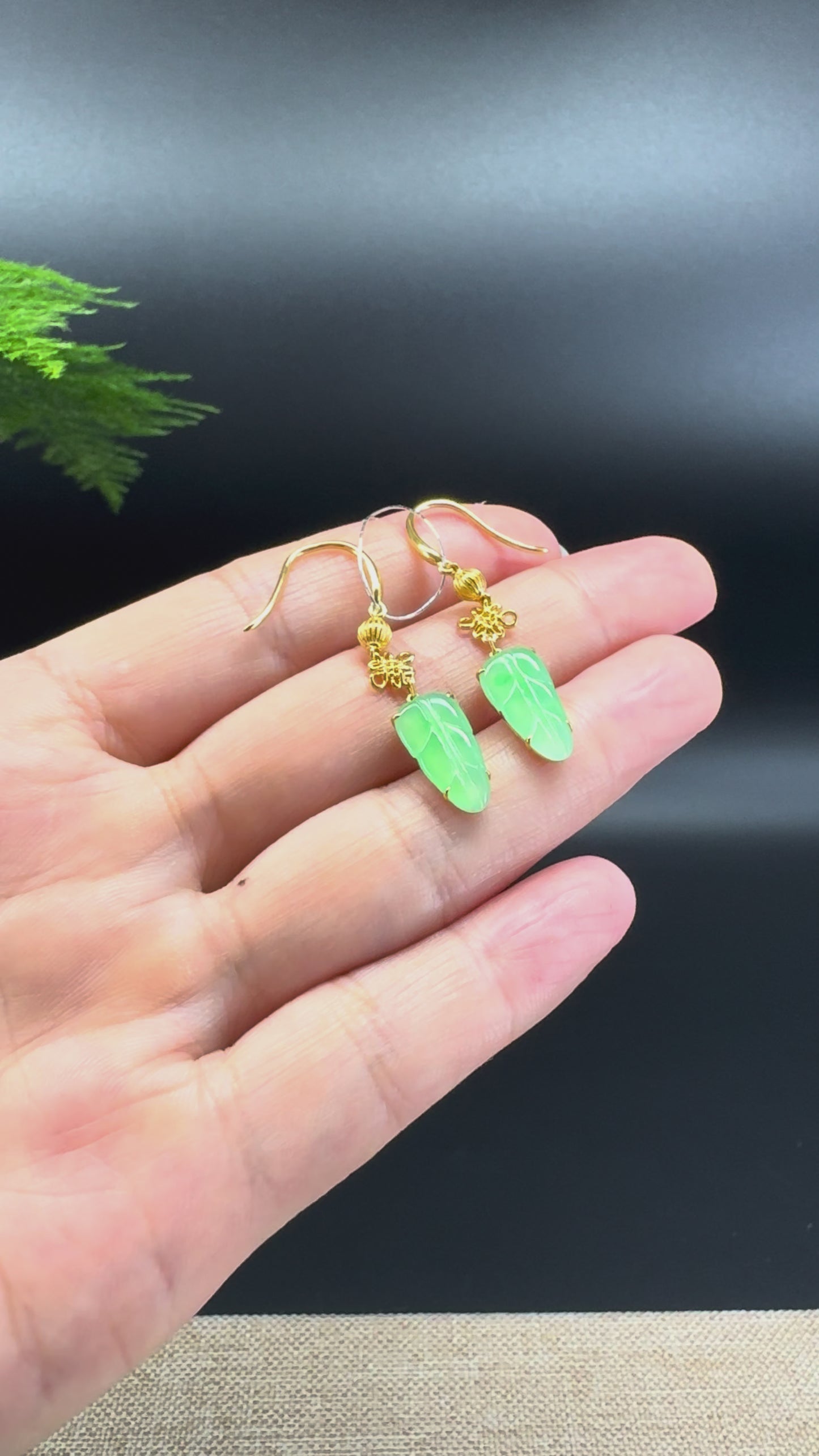 18k Yellow Gold Genuine Apple Green Jadeite Jade Leaf Earrings