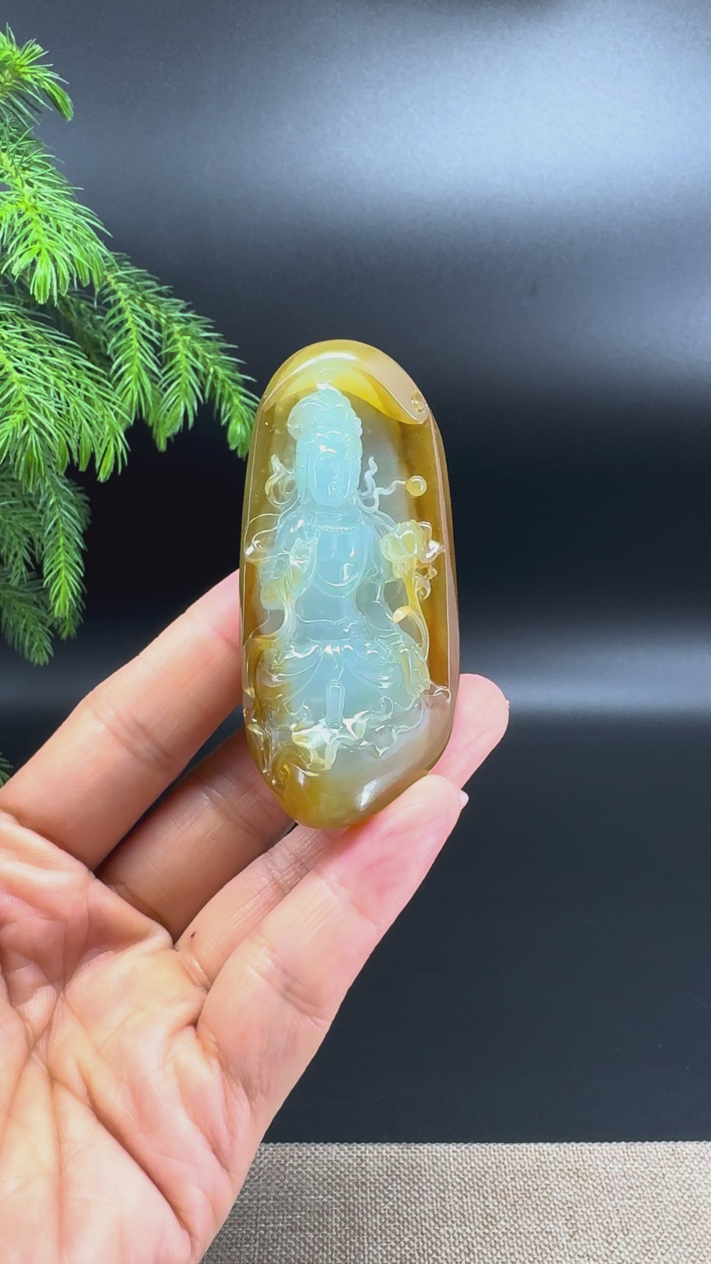 RealJade® Co. Natural Yellow & Blue Jadeite Jade Guanyin Pendant