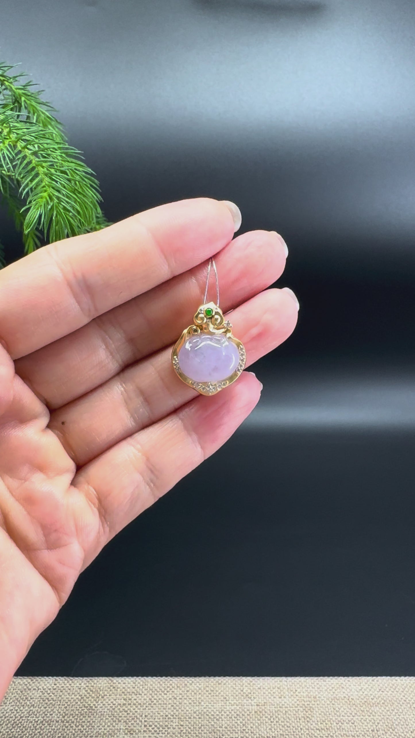 RealJade® Co. Genuine Pink Lavender Jadeite Jade RuYi Necklace With 18K Yellow Gold Diamonds Bail