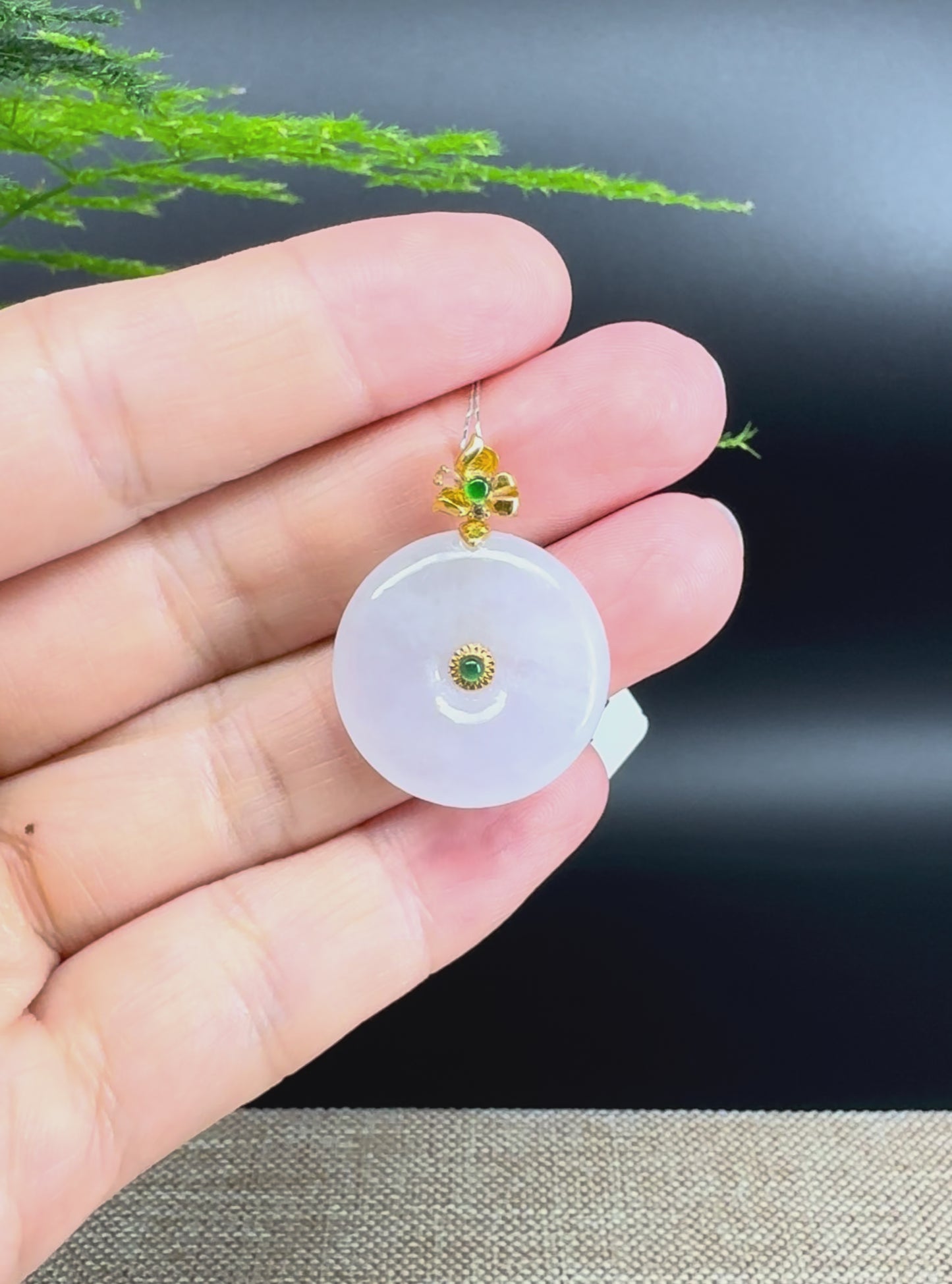 "Good Luck Button"Moonlight Jadeite Jade Lucky KouKou Pendant With 18K Yellow Gold  Bail