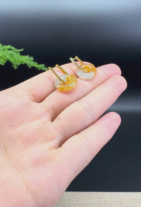 Load and play video in Gallery viewer, 18k Yellow Gold Genuine Icy Yellow Koukou Jadeite Jade Earrings
