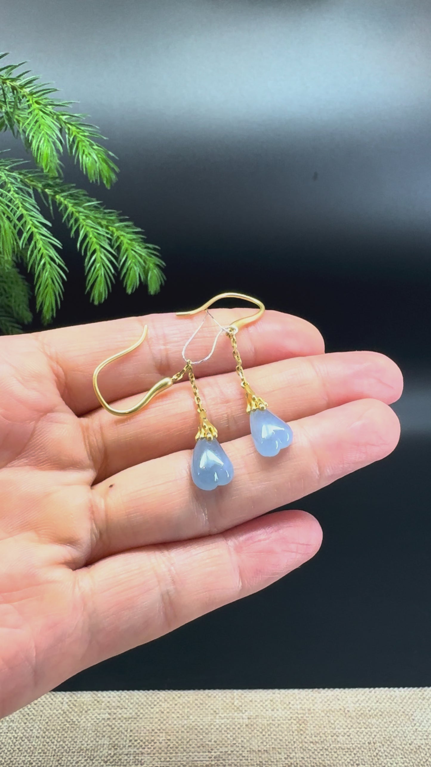 Load and play video in Gallery viewer, 18k Yellow Gold Genuine Blue Lavender Jadeite Jade Melon Earrings
