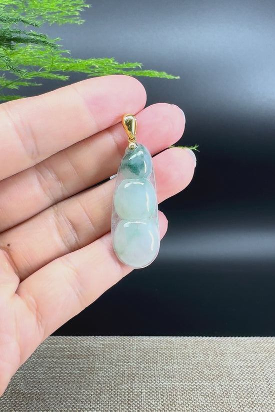 Load and play video in Gallery viewer, RealJade® Co. Genuine Ice Green Jadeite Jade Bean Necklace With 18K Yellow Gold Bail
