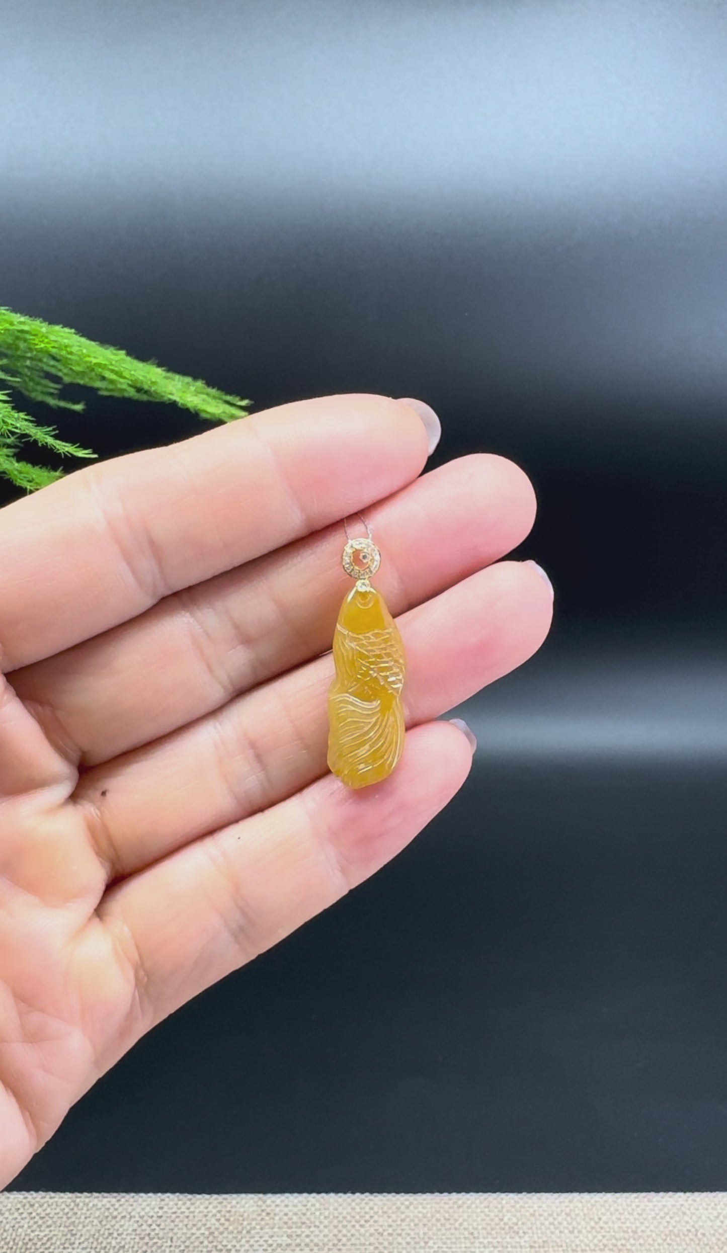 Load and play video in Gallery viewer, RealJade® Co. 18K Yellow Gold Genuine Honey Yellow Jadeite Jade Koi Fish Necklace
