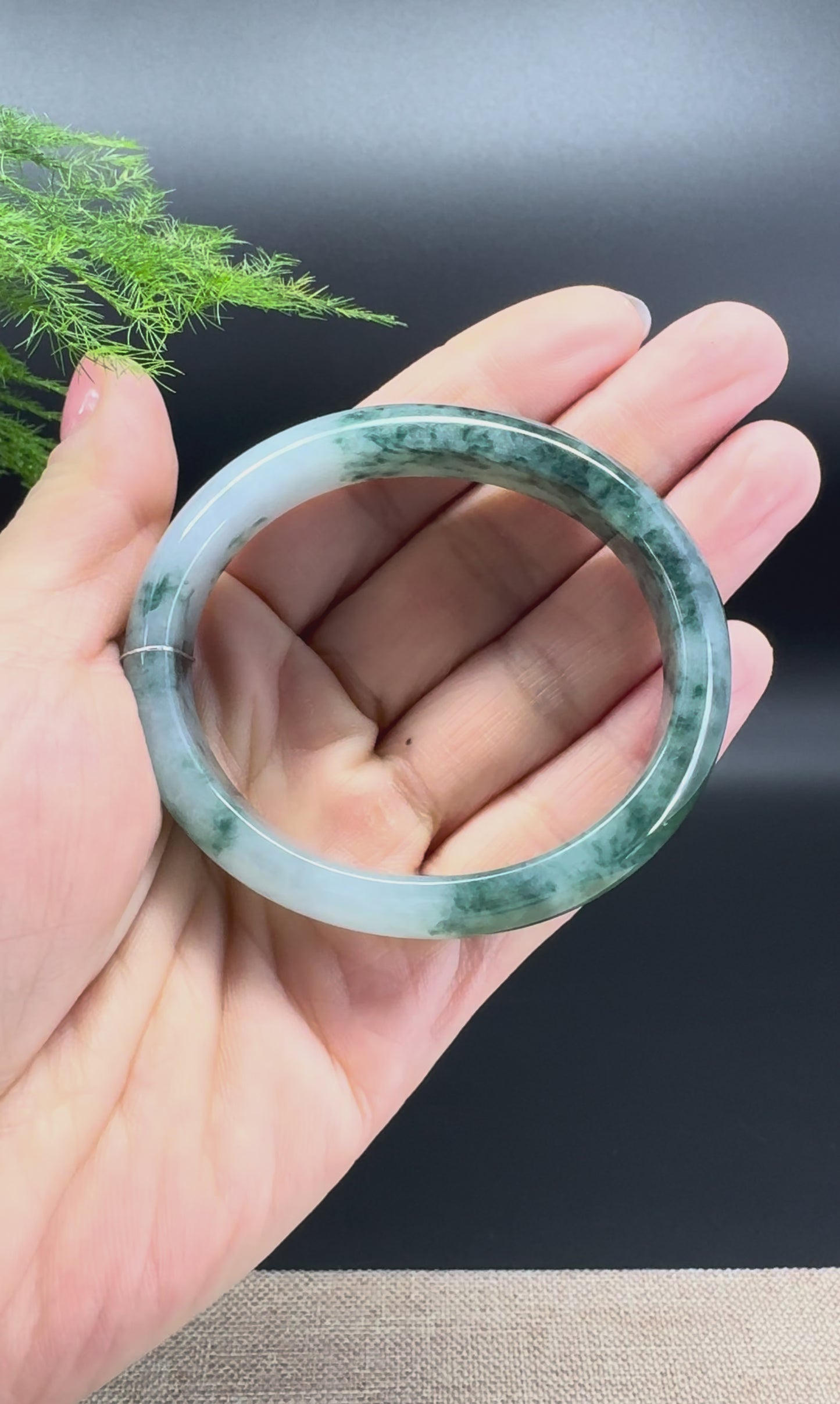 Load and play video in Gallery viewer, Genuine Burmese Blue Flower Jade Jadeite Bangle Bracelet ( 52.2mm*47 )
