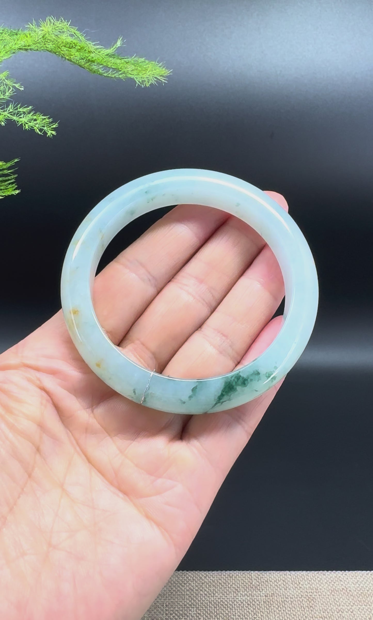 Genuine Burmese Icy Blue Flower Jadeite Jade Bangle Bracelet (57.3mm)