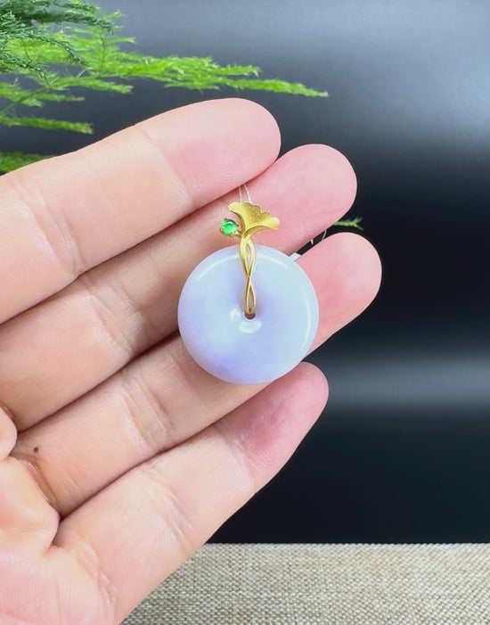 Load and play video in Gallery viewer, &amp;quot;Good Luck Button&amp;quot; Lavender Jadeite Jade Lucky KouKou Pendant With 18K Yellow Gold Bail
