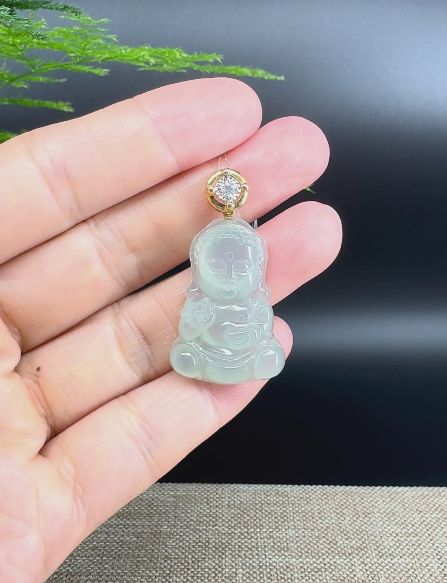 Load and play video in Gallery viewer, 18K Yellow Gold Burmese Icy Green Jadeite Jade Happy Baby Buddha Pendant
