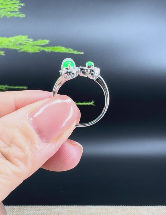 Load and play video in Gallery viewer, RealJade® 18k White Gold Natural Ice green &amp;amp; Imperial Cherry and Clover Jadeite Engagement Ring With Diamonds
