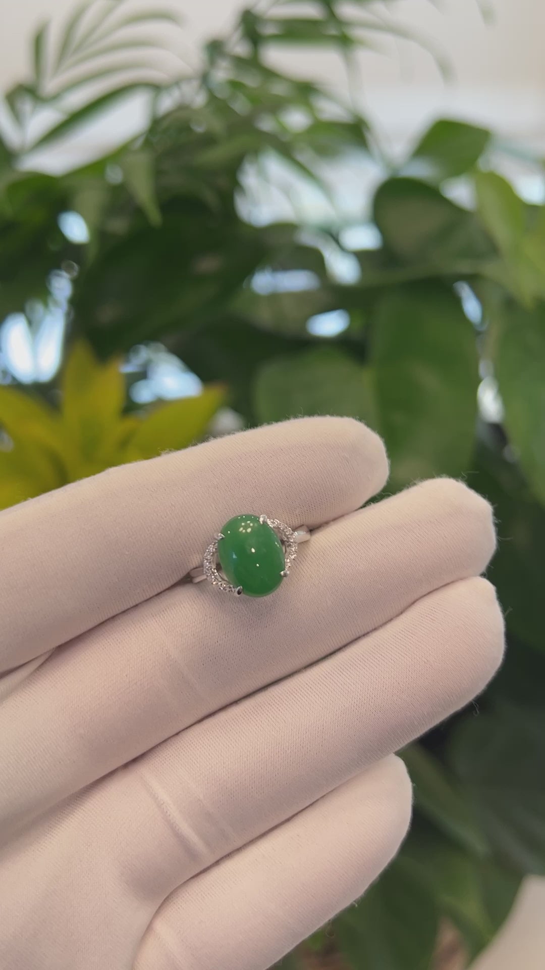Load and play video in Gallery viewer, RealJade® Co. 18k White Gold Natural Imperial Green Oval Jadeite Jade Engagement Ring With Diamonds
