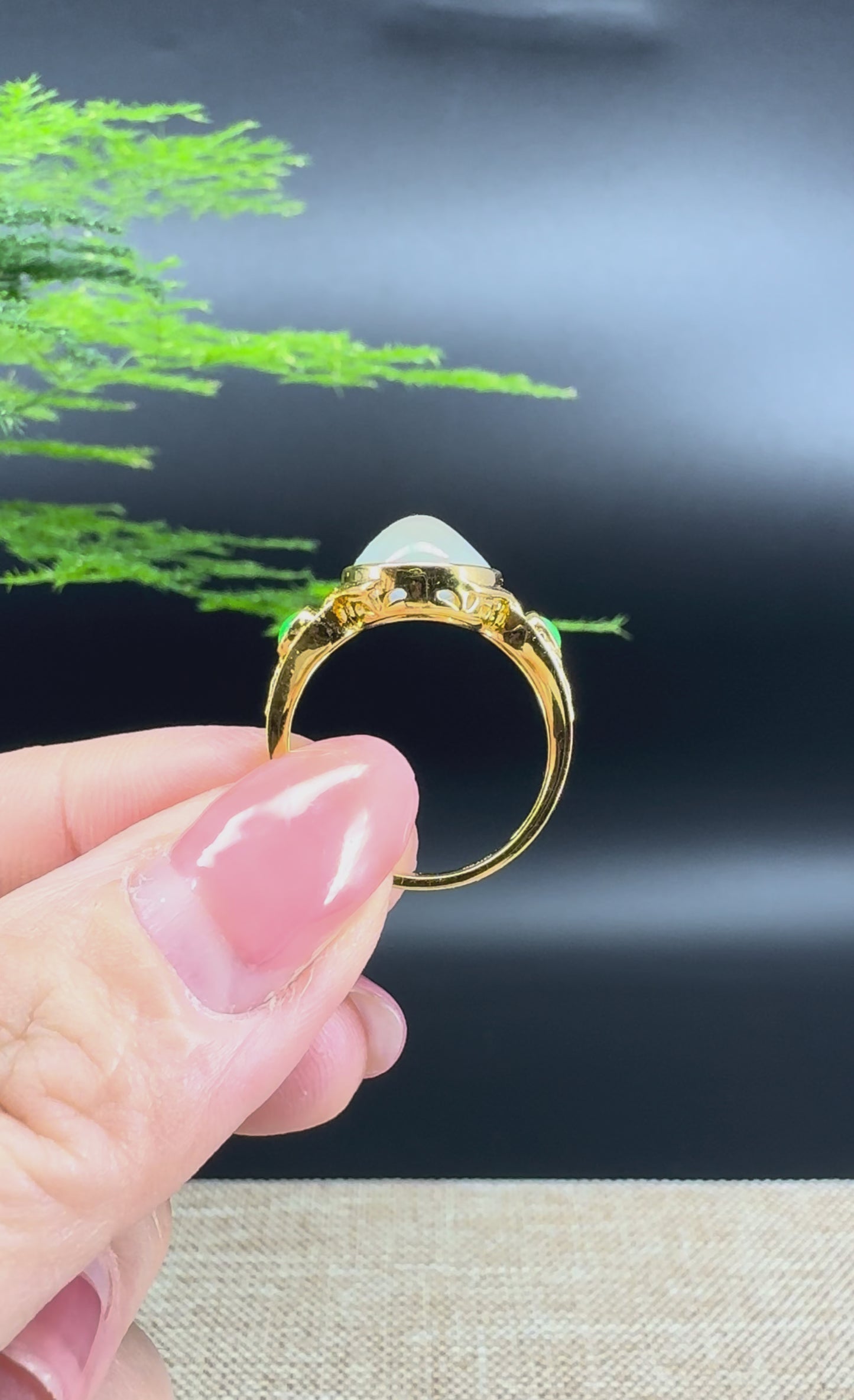 Load and play video in Gallery viewer, RealJade® &amp;quot;Amelie&amp;quot; 18k Yellow Gold Natural Icy Jadeite Engagement Ring
