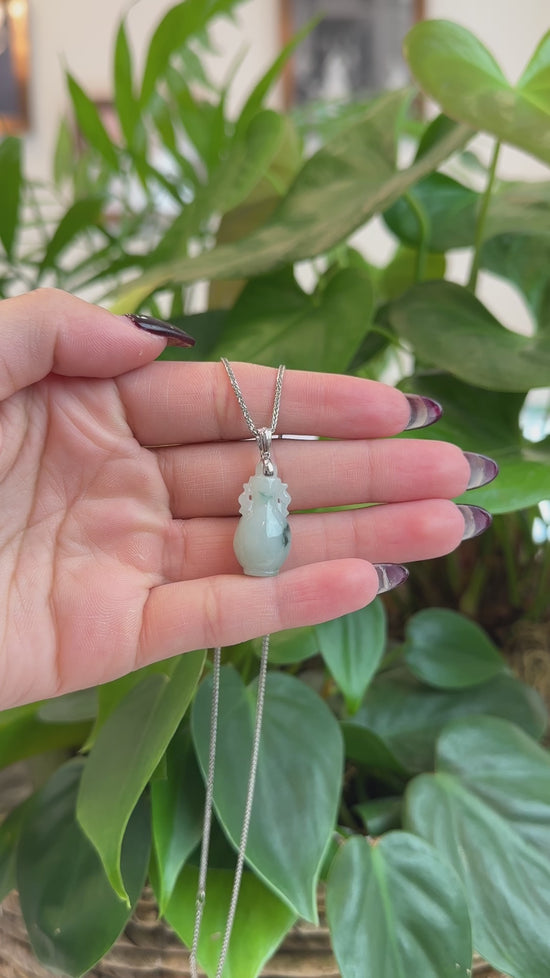 Load and play video in Gallery viewer, RealJade® Co. Natural Unique Jadeite Jade Lucky Bottle Necklace with 14k White Gold Bail
