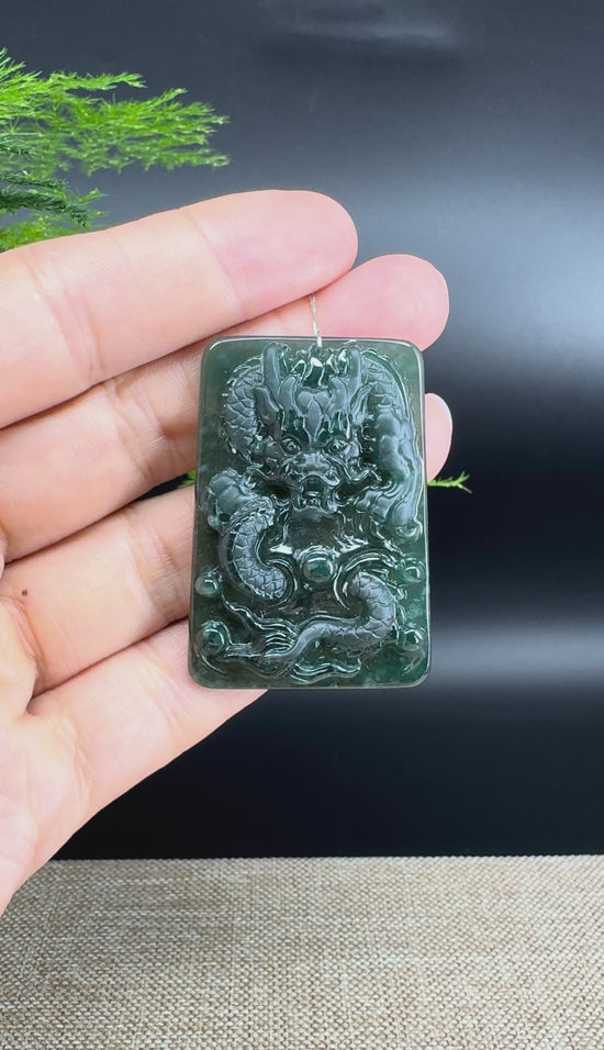 Load and play video in Gallery viewer, RealJade® Co. High Natural Guatemalan Blue Jadeite Jade Dragon Pendant
