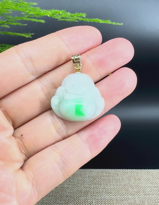 Load and play video in Gallery viewer, 18K Yellow Gold Burmese White Green Jadeite Jade Happy Buddha Pendant
