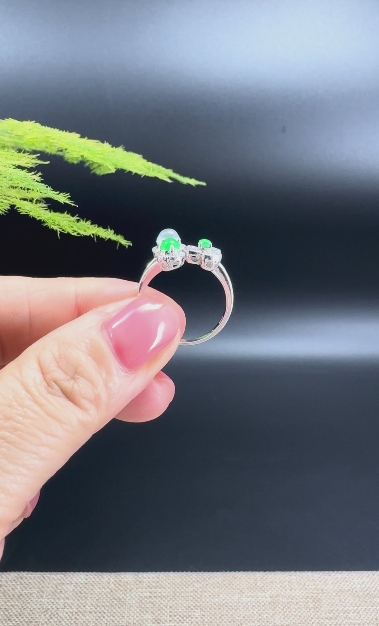 RealJade® 18k White Gold Natural Ice & Green Cherry and Clover Jadeite Engagement Ring With Diamonds