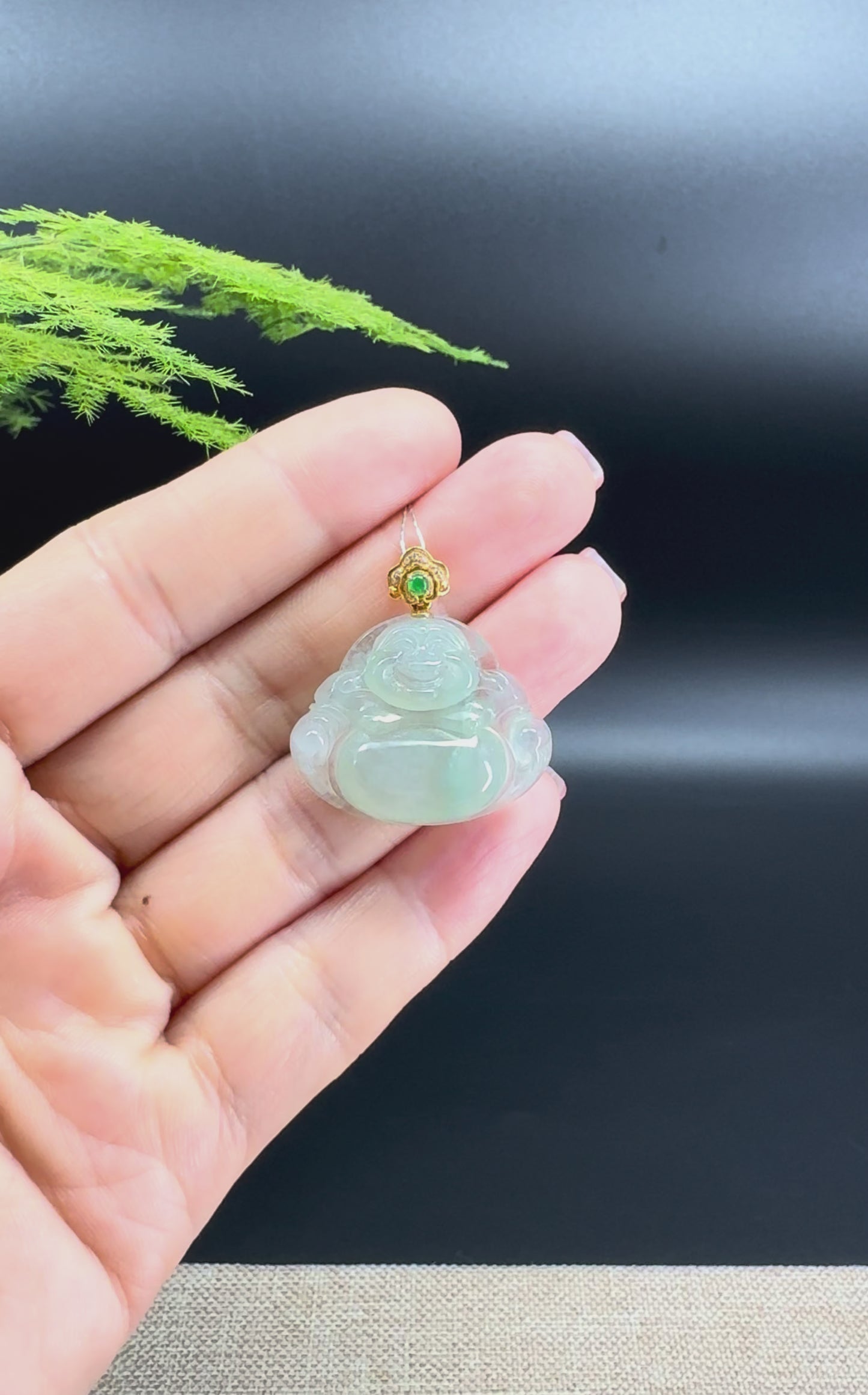 Load and play video in Gallery viewer, 18K Yellow Gold Burmese Icy Green Jadeite Jade Happy Buddha Pendant
