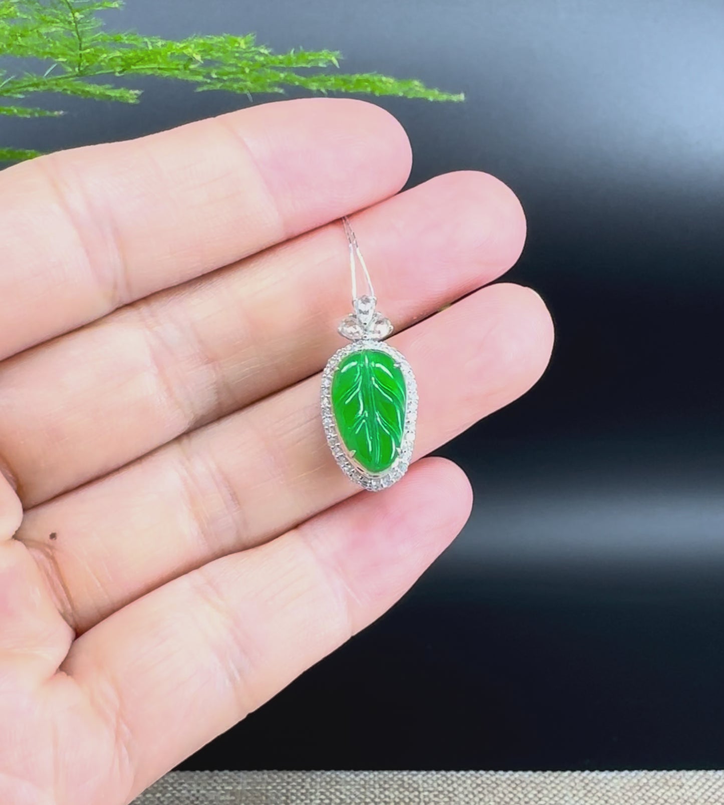 RealJade® Co.  Genuine Imperial Jadeite Jade Jin Zhi Yu Ye (Leaf) Necklace With 18k White Gold & Diamond