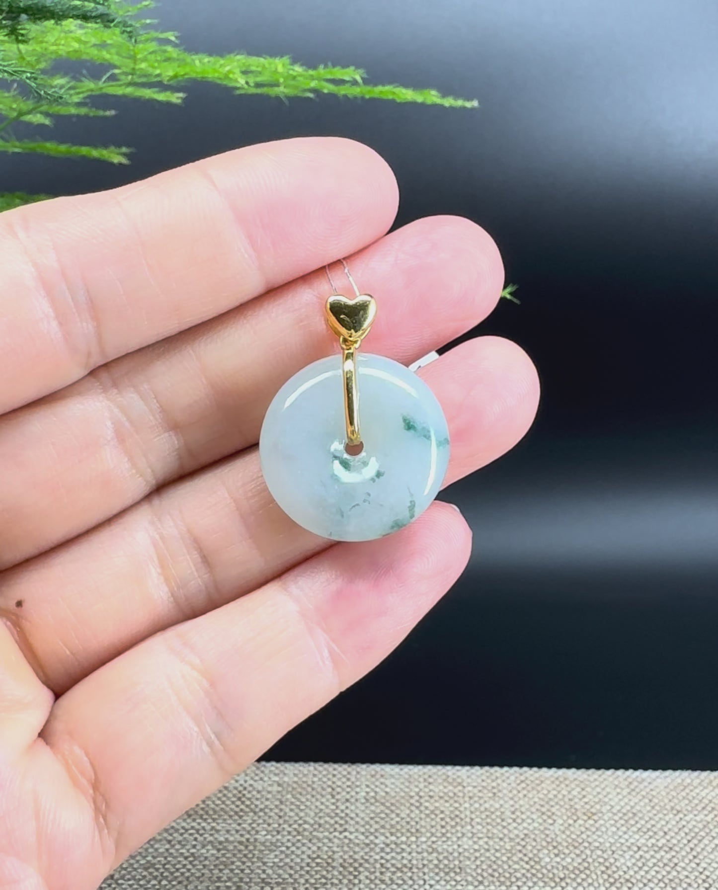 "Good Luck Button" Blue Green Jadeite Jade Lucky KouKou Pendant With 18K Yellow Gold Bail