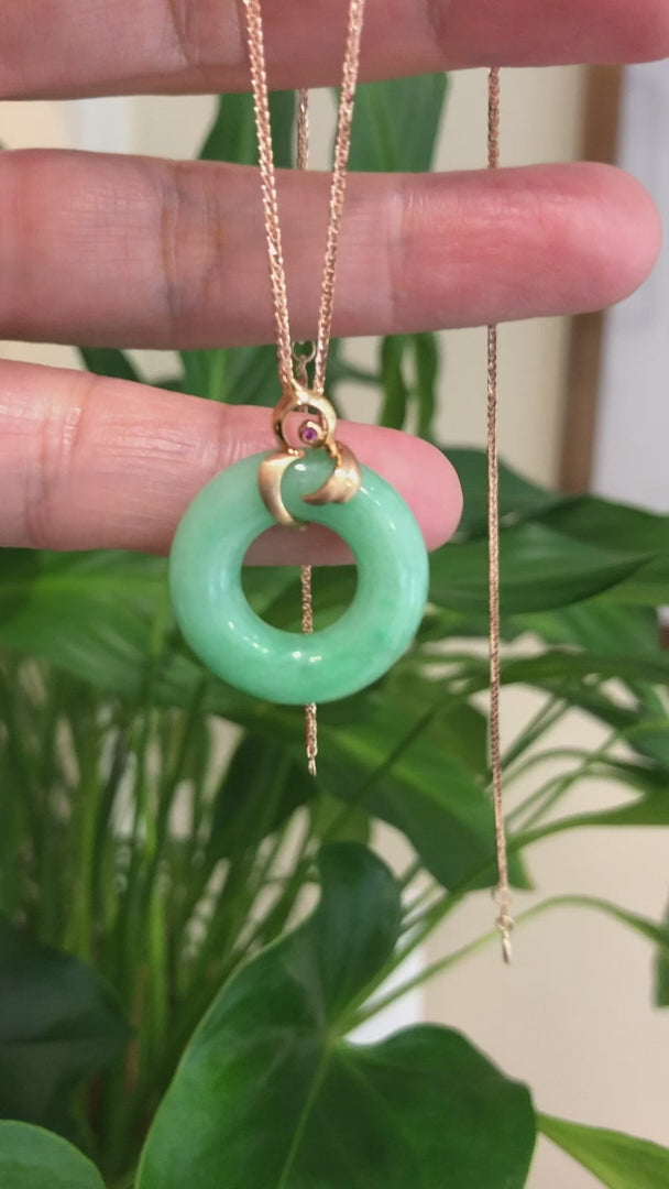 Load and play video in Gallery viewer, RealJade¨ &amp;quot;Good Luck Birdie&amp;quot; 18k Rose Gold Genuine Burmese Jadeite Lucky Pendant Necklace With AA Ruby &amp;amp; Diamond
