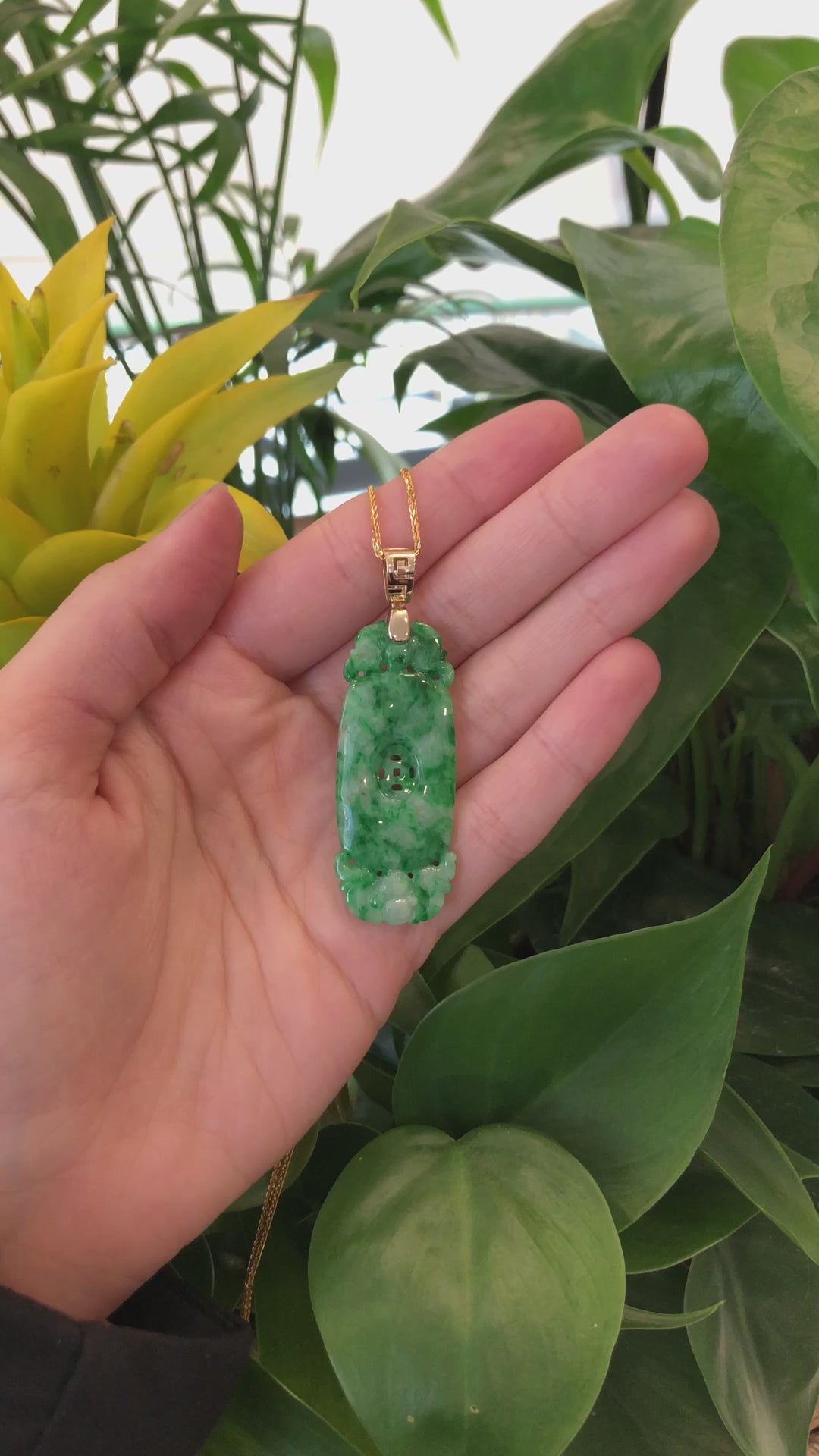 Load and play video in Gallery viewer, Genuine Apple Green- White Jadeite Jade Fu Zai Yan Qian Pendant Necklace With 14K Yellow Gold Bail
